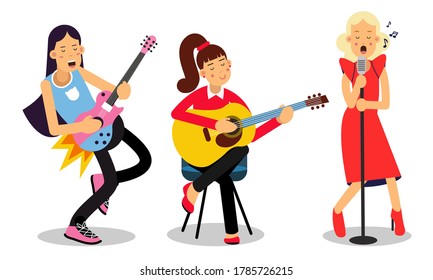 Woman Musicians Playing Musical Instruments And Singing On Stage Vector Illustration Set