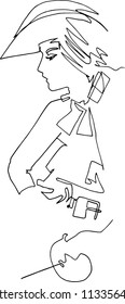 Woman musketeer, minimalistic illustration, one continuous line. Sword, belt, medieval hat, retro, historical costume, adventure, romance