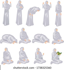 Woman Muslim Pray and read Quran  Set - Vector
