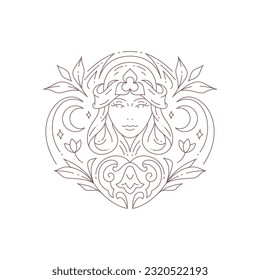 Woman mystic goddess magic witch portrait abstract flowers minimal line logo for spa beauty salon vector illustration. Female silhouette floral half moon icon for cosmetology wellness relax meditation