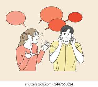 The Woman Is Nagging Loudly And The Man Is Blocking The Ears. Hand Drawn Style Vector Design Illustrations. 