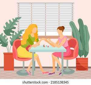 Woman in nail beauty salon. Master with nail file doing manicure. Customer in manicure studio vector illustration. Body care spa, beauty treatment concept. Lady at fingernail service in studio