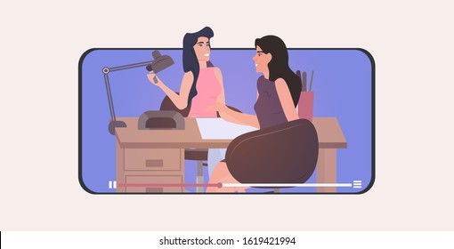 woman in nail salon receiving manicure by master professional care for hands blogging concept smartphone screen online video player copy space horizontal vector illustration