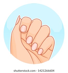 Woman nails illustration. Beautiful hand with healthy nails on the light blue background vector illustration.