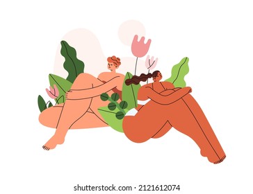 Woman with naked body in underwear. Nude female couple in bikini sitting among flowers in nature. Women health, gynecology concept. Flat vector illustration of girlfriends isolated on white background