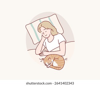 Woman Napping with Cat on Bed. Hand drawn style vector design illustrations.