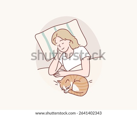 Woman Napping with Cat on Bed. Hand drawn style vector design illustrations.