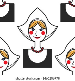 Woman in national costume Netherlands symbol seamless pattern vector blond girl in hat and beads female character in traditional Holland outfit, endless texture traveling and tourism wallpaper print