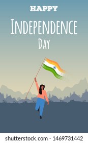 A woman in national dress with the flag of India raised up. Poster with a girl in the open air with a mountain landscape behind and a sky. Vector flat illustration with words Happy Independence Day.