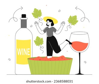 Woman with natural wine line concept. Young girl at bowl with natural and organic products near bottle and glass with alcohol. Beverage for cafe or restaurant. Linear flat vector illustration