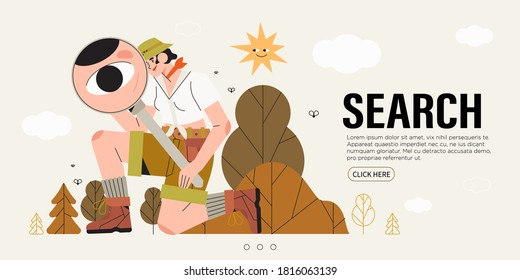 Woman naturalist or scientist looking through magnifying glass or loupe. Business metaphore for search or research, development, web surfing, FAQ. Trendy outline characters for web or ui design.