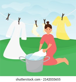 woman in nature does hand washing in a basin. The concept of hygiene and Ecological drying of laundry in the fresh air. Vector cartoon illustration in flat style