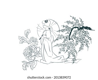 woman nature flower view vector sketch illustration japanese chinese oriental line art ink card