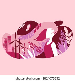 Woman and nature. Girl in a pink palette with different plants