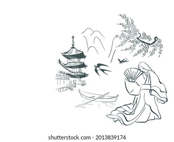 woman nature landscape view vector sketch illustration japanese chinese oriental line art ink card