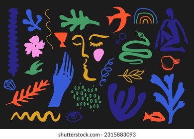 Juego de afiches sobre la mujer y la naturaleza. Ilustración a mano brillante de aves, serpiente, pescado, flor, hojas al estilo Matisse. Rosa, naranja, ultramarino, verde sobre negro para la impresión interior y textil.