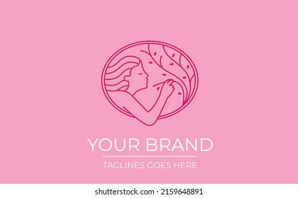 Woman and nature, smelling a flower, modern art line logo, beauty logo