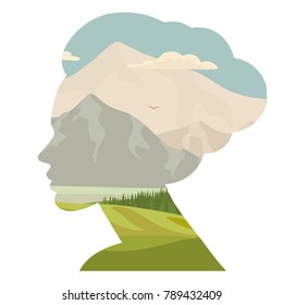 Woman and nature, stylized profile, human portrait with double exposure, face silhouette with forest, sky, rocky mountain landscape. Modern beauty stylish trend. Vector