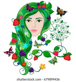 Woman Nature, Summer, Butterflies, Flowers and Berries, Hand Drawn Vector Illustration EPS 10