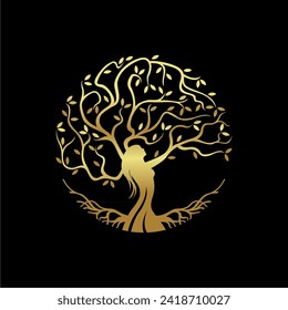 Woman nature tree beauty logo. Gold tree vector illustration with circle and silhouette woman shape.
