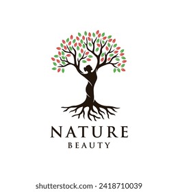 Woman nature tree beauty logo. Colorful tree vector illustration with circle and abstract woman shape.
