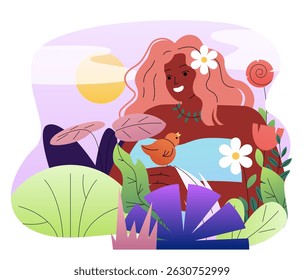 Woman in nature. Young girl among flowers and birds. Beauty, aesthetics and elegance. Awareness and mindfulness. Peace and inner balance. Flat vector illustration