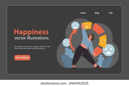 Woman navigating happiness, charting her joy amidst emotions. Rising above challenges, focusing on positive vibes. Emotion control and self-growth. Flat vector illustration