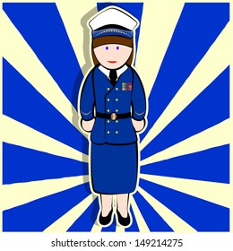 woman navy uniform, white hat, striped background in blue and yellow.