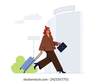Woman near airport concept. Young girl with luggage and baggage wait for flight. Travel and tourism. Poster or banner for website. Cartoon flat vector illustration isolated on white background