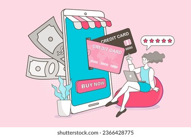 Woman near big credit card. Minimalism design with exaggerated objects. Internet digital store scene with women shopping E commerce. Online payment concept. Vector flat style illustration.