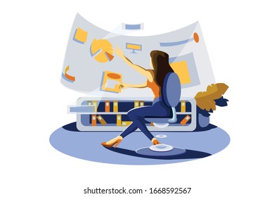 Woman near big screen vector illustration. Female working with data diagram on interactive folded display flat style design. Modern technologies concept