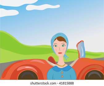 Woman near car in the country in retro style