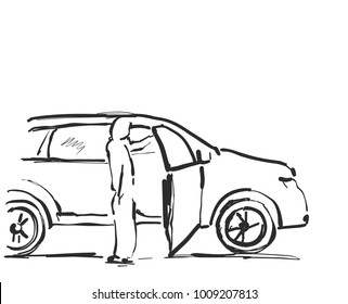 Woman near the car. Sketching vector illustration.