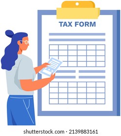 Woman near giant clipboard. Businesswoman checks document, form for tax payments, checklist. Paper sheet with results of review, report. Lady looks at tax form, evaluates document vector illustration