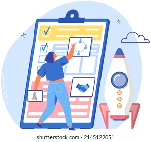 Woman near giant clipboard, task done and check mark ticks. Businesswoman checks documet with business survey. Paper sheet with results of startup review. Rocket as symbol of new project launch