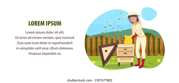 Woman near Hive. Beemaster at Spiary. Beekeeper Costume. Stand near Hive. Apiculturist on Background Forest. Vector Illustration. Hobby Beekeeping. Protection Mask. White Background and Text.