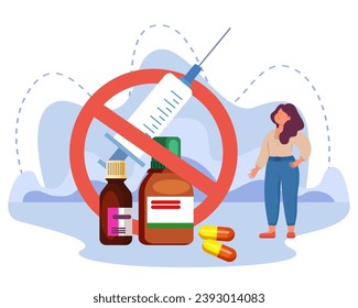 Woman near huge syringe and bottles with botox and fillers in forbidden circle. Vector illustration. Ban for cosmetic injections, beauty industry concept