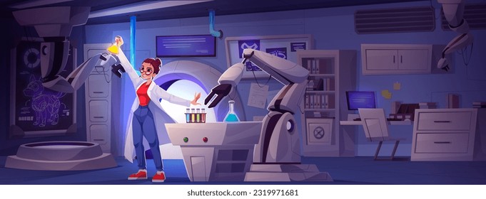 Woman near laboratory robot do medical research. Happy scientist in lab for experiment discovery in engineering room with computer, screen and pharmaceutical capsule. Future innovation factory