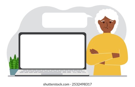 Uma mulher perto de um laptop está de braços cruzados. Há uma nuvem branca para escrever texto da boca dele. Ilustração em plano vetorial