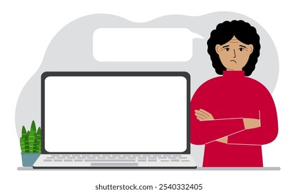 Uma mulher perto de um laptop está de braços cruzados. Há uma nuvem branca para escrever texto da boca dele. Ilustração em plano vetorial
