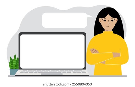 Uma mulher perto de um laptop está de braços cruzados. Há uma nuvem branca para escrever texto da boca dele. Ilustração em plano vetorial