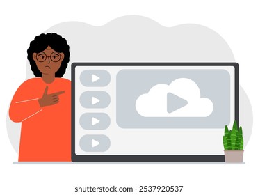 Uma mulher perto de uma TV de tela grande, tablet ou computador com um botão de reprodução de vídeo. O conceito de assistir a um vídeo, canal ou transmissão ao vivo. Ilustração em plano vetorial