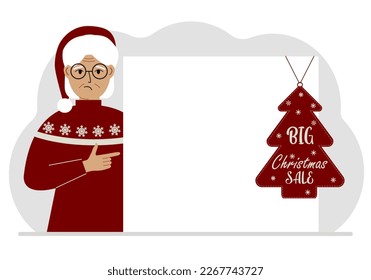 A woman near a large white sheet of paper with a big sale label on it. New Year and Christmas sales. Vector flat illustration