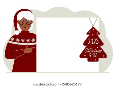 A woman near a large white sheet of paper with a big sale label on it. New Year.