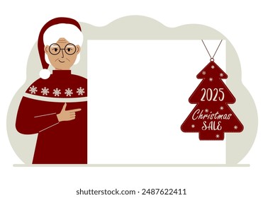 A woman near a large white sheet of paper with a big sale label on it. New Year and Christmas sales. Vector flat illustration