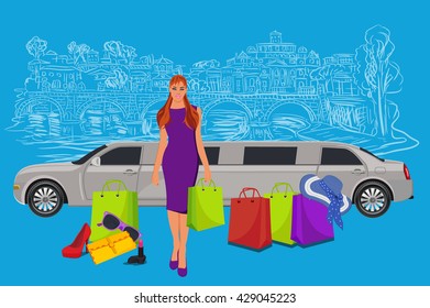 woman near limousine after shopping, Italy background,  vector illustration