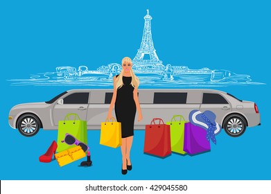 woman near limousine after shopping, Paris background,  vector illustration