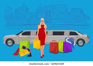 woman near limousine after shopping, New York background,  vector illustration