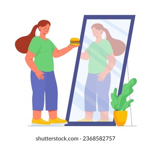 Woman near mirror with burger concept. Young girl with healthy and active lifestyle. Proper diet and nutrition. Person with fast food. Cartoon flat vector illustration isolated on white background