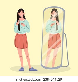 Woman near mirror concept. Young girl look at her reflection. Person in casual clothes and apparel. Fashionable and trendy wear. Aesthetics and elegance. Cartoon flat vector illustration